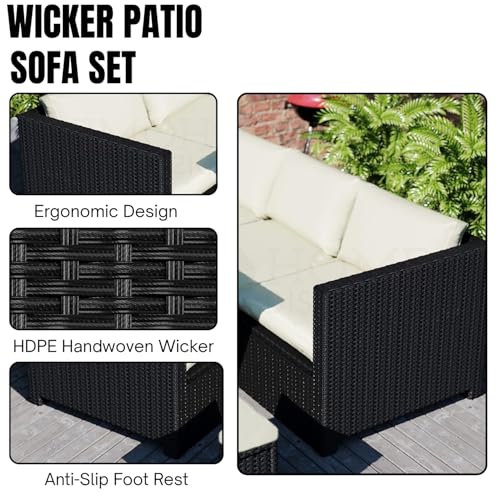 Image of DEVOKO Outdoor Patio Furniture 6 Piece Dining Sectional Sofa with Table and Chair, All Weather Wicker Conversation Set Ottoman for Backyard, Lawn, Garden (Black & Off-White)