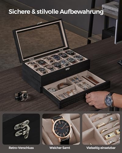 SONGMICS Uhrenbox mit 12 Fächern, Uhrenkasten aus Massivholz, mit Glasdeckel, Uhrenkissen, Schmuckaufbewahrung, Geschenk für Ihre Liebsten, ebenholzschwarz JOW012B01