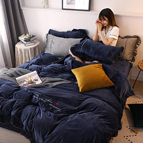 Invierno Terciopelo Engrosado Funda NóRdica Cama,Conjuntos de Funda nórdica para niña de Terciopelo de Encaje, sábanas Dobles Individuales para Cama King de 1,5 m de Color Azul Oscuro (4 Piezas)