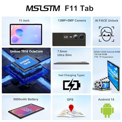 Mslstm 2024 Latest 11 Inch Tablet Android 14 Tablet 18Gb(6Gb+12Gb Extend) Ram 128Gb Rom thumb #1