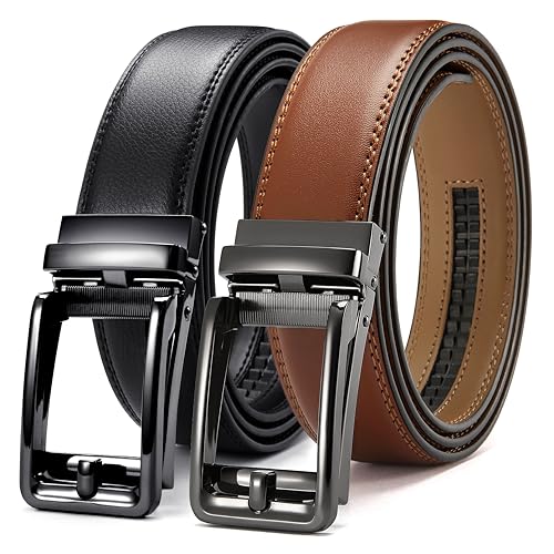 Image of CHAOREN Click Belts for Men 2 Pack - 1 3 /8 inch Leather Ratchet Belt | Trim to Fit, Gift Box, Micro-adjustable, Scratch Resistant Buckle, Formal Suits, Dress Pants, Casual Jeans, Golf