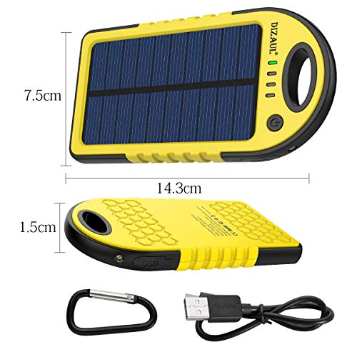 Dizaul Solar Charger, 5000mAh Portable Solar Power Bank Waterproof/Shockproof/Dustproof Dual USB Battery Bank Compatible with All Smartphones,iPhone,Samsung,Android Phones,Windows Phones,GoPro,GPS