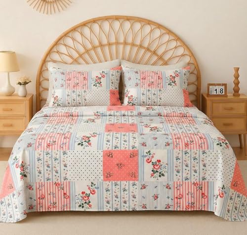 Image of HOMEKART 210 TC Cotton Double Bedsheet with 2 Pillow Covers | Soft & Breathable Luxury Bedding | Floral Printed Bed Sheet for Double Bed | 90 x 100 Inches | Pastel Heritage Patchwork