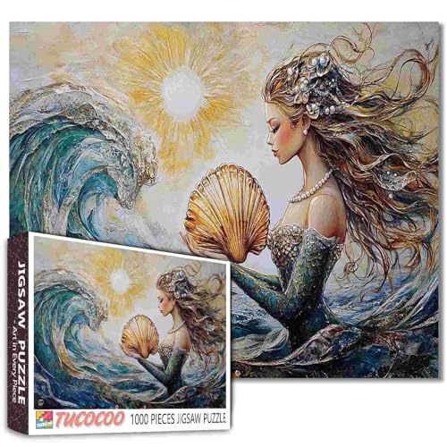 Jigsaw Puzzles 1000 Pieces for Adults, Families(Mermaid Girl, Pearl,Sunset,Seashell,Wave,Woman,Sea) Pieces Fit Together Perfectly 19.7''x27.6''inch Curly Hair Girl Frameable Magic Puzzle Art Gift