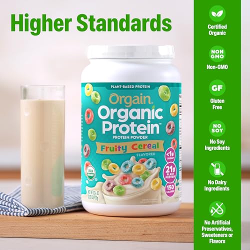 Image of Orgain Organic Vegan Protein Powder, Fruity Cereal - 21g Plant Based Protein, 8g Prebiotic Fiber, Low Net Carb, No Lactose Ingredients, No Added Sugar, Non-GMO, For Shakes & Smoothies, 2.03 lb