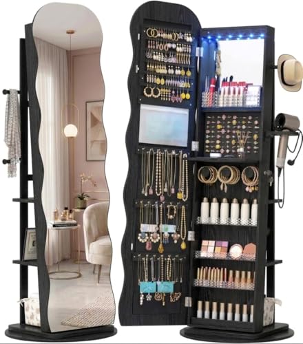 Image of Vlsrka 360 Swivel Jewelry Cabinet with Wavy Full-Length Mirror, Black | Lockable Jewelry Armoire with Mirror, Interior LED Makeup Mirror, Foldable Shelf, 3 Rear Shelves, Hanging Rods, Dryer Holder