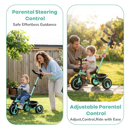 Image of R for Rabbit Tiny Toes R20 Plus Tricycle for Kids with Rubber Wheels, Adjustable Parental Control, Front & Rear Storage Basket | Baby Trike Cycle for 2 to 5 Year, Upto 25 Kgs Boy & Girl (Aqua Blue)