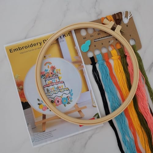 Image of Esffaci Embroidery Starter Kit for Adult Beginner with Birthday Cake Candle Flower Pattern Hand Embroidery Set with Cloth Hoop Needle Threader Floss and Instruction