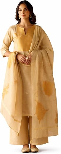 FIORRA Women Beige Cotton Jacquard Woven Kurta Set with Dupatta