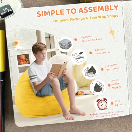 2FT Bean Bag Chair, Comfy Bean Bag Chairs with Memory Foam Filled, Fluffy Beanbag Sofa with Dutch Velvet Cover, Teardrop BeanBag Chairs for Living Room, Playroom - Lemon