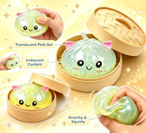 Rainbow Glitter Slow Rising Squishy Squeeze Toy with Cat Ears,Stress & Anxiety Relief Sensory Fidget Toy (O-4PCS) - 2