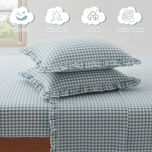 KKJIAF 4 Pieces Ruffle Gingham Sheets Set Queen Size, Dusty Blue Plaid by KKJIAF - Used condition - Image 4
