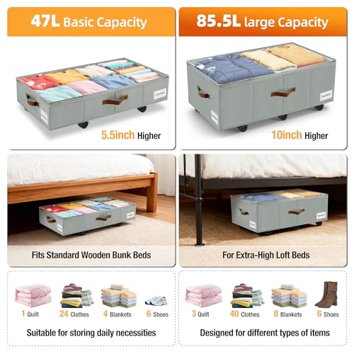 Image of Under Bed Storage with Wheels,Underbed Storage with Sturdy Sidewalls /Bottom, Clear Cover, Label and PU Handle, Rolling Under Bed Drawers for Clothes, Shoes, 11 Inch Height,Grey, 2 Pack