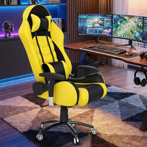 ASE GAMING Gold Series Ergonomic Gaming Chair Premium PU Leather, Adjustable Neck & Lumbar Pillow, 180 Degree Recline with Black Metal Base with 3 Yea