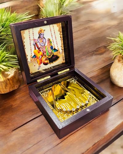 Image of Krishan Ji Pocket Temple Charna Paduka Vrindavan Mandir | Gold Plated Box God Idol Bhagwan | Religious Gift for Mom & Dad | Diwali Gift Item | Thakur Ji (Krishan JI)