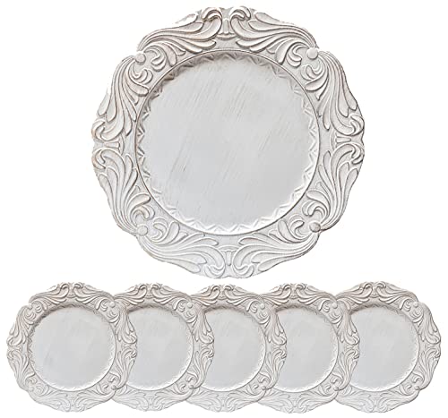 Umisriro Antique White Charger Plates With Gold Rim, 13" Embossed Plastic Table Chargers For Dinner Plate, Set Of 6 Elegant Wedding Decor. #TOP1