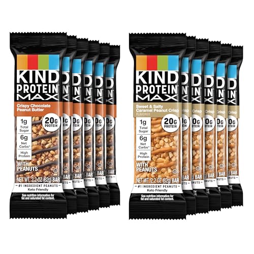 KIND Protein MAX Variety Pack, High Protein Bars, Keto Snacks, 1g Sugar, 20g Protein, (6) Crispy Chocolate Peanut Butter (6) Sweet & Salty Caramel Crisp, 12 Count Pack