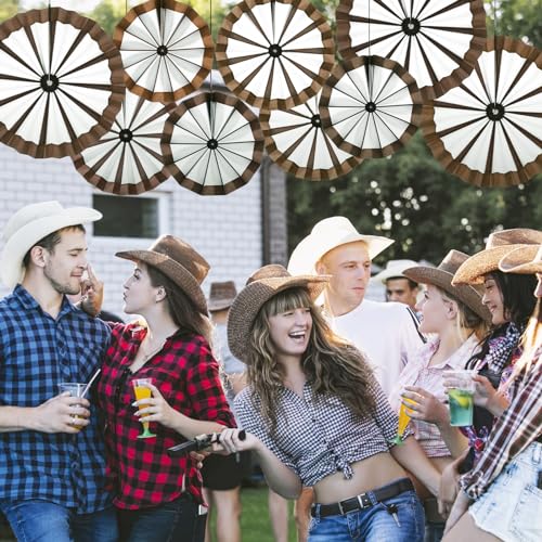 Image of Outus 27 Pcs Western Cowboy Party Decorations Paper Fans Wagon Wheels Straw Hay Bales Hanging Ceiling Wall Decor for Country Western Themed Rodeo Farm Birthday Party Supplies(Wagon Wheels)