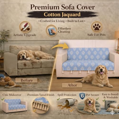 Image of STITCHNEST 'Verdant Rekhika Stories' 2 Seater Sofa Cover - Full Coverage| Elegant Jacquard Fabric, Decorative Tassels, Washable & Durable for Modern Living