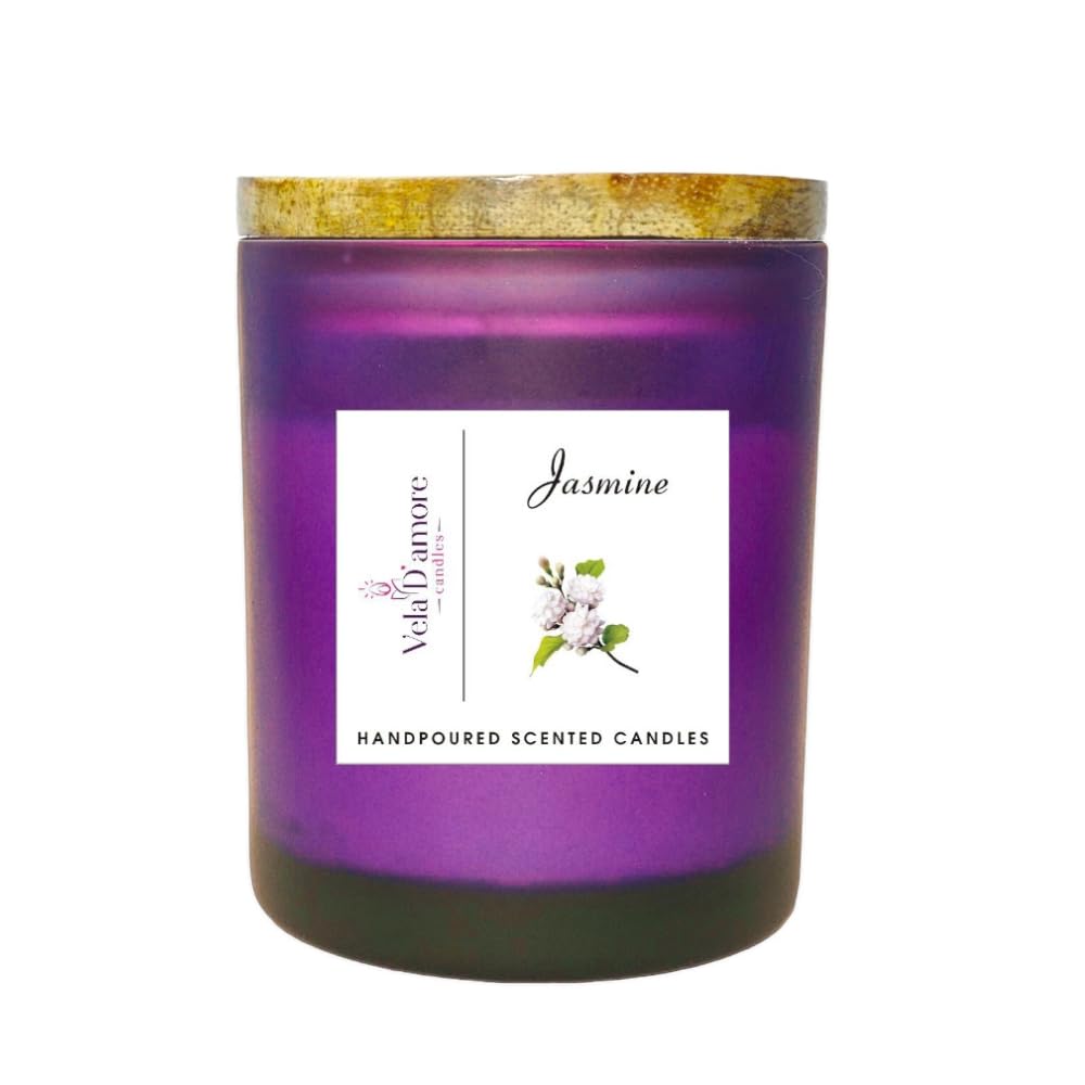 Vela D’Amore Organic Hand Poured Soy Wax Scented Jar Candles with Wooden Lid (250 ml) (Jasmine)