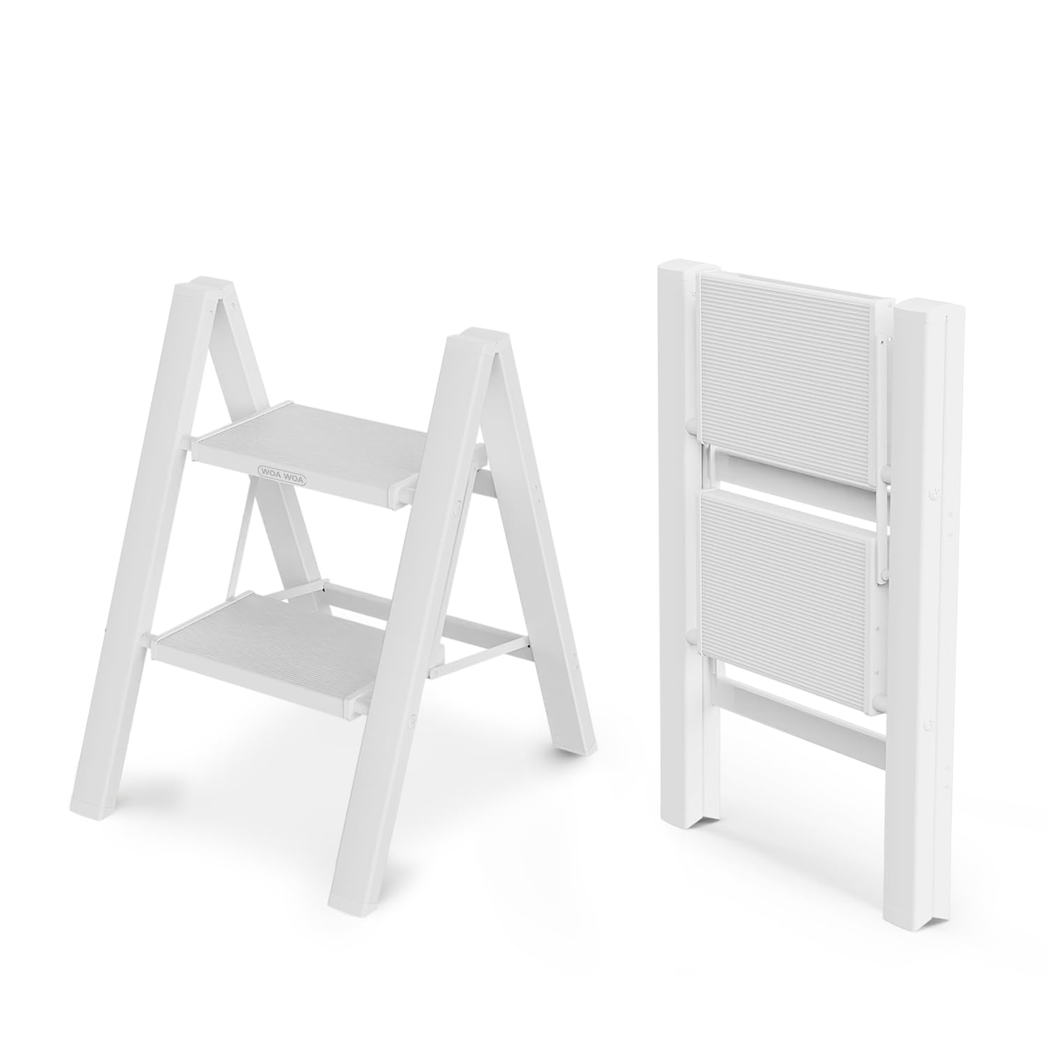 WOA WOA Step Ladder, Widen Pedals Foldable Step Stool, Lightweight Aluminum Ladder, Easy to Move Around, Anti-Slip Foot Stepladder for Household, Fold Thin & Space Save, 300 lbs Load (2 Step, White)