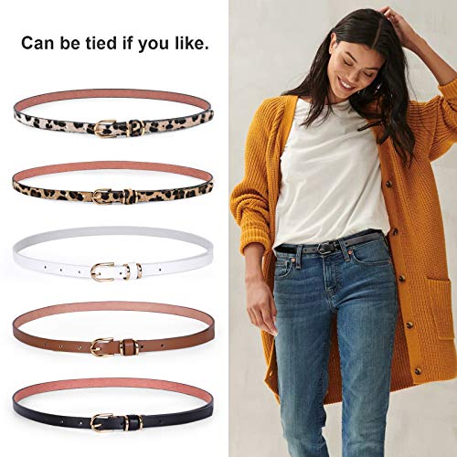 JASGOOD 5 Pack Women Skinny Faux Leather Leopard Jeans Belt Ladies Slim Waist Belt for Dress with Gold Buckle2
