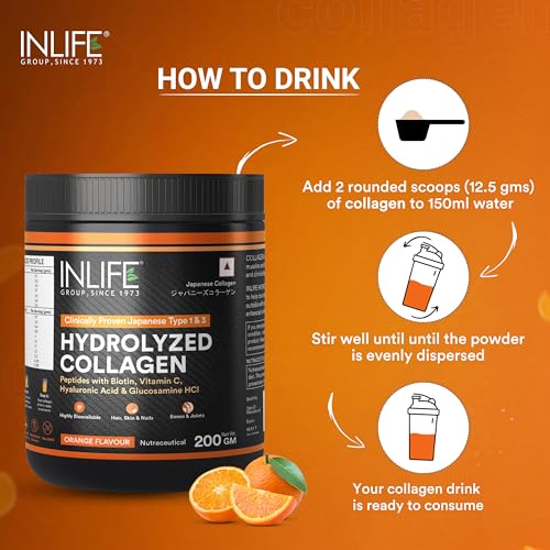 Image of INLIFE Japanese Hydrolyzed Collagen Peptides Powder Clinically Proven Ingredient, Type 1 & 3, Health Supplement for Men & Women (200g Orange)