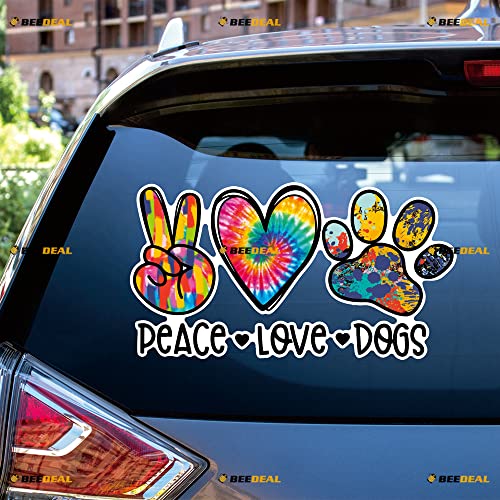 Image of Peace Love Dogs Hand Sign Heart Paw Print Colorful Sticker Decal Vinyl - 2 Pack Reflective, 4 Inches, 6 Inches - for Car Boat Laptop Cup