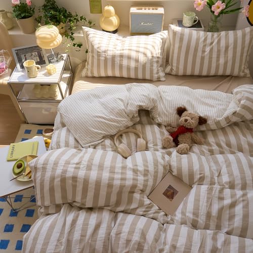 Image of LifeTB Vintage Striped Comforter Set King, 3 Piece Brown White Stripes Pattern Printed Comforter with 2 Pillowcases, Soft Breathable Khaki Striped Bedding Comforter Boho Farmhouse King Comforter Set