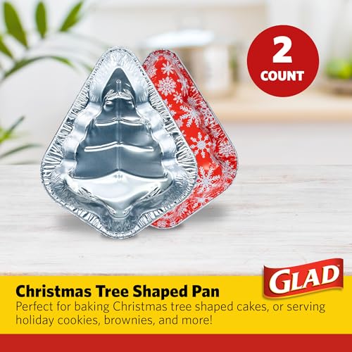 Image of Glad Holiday Christmas Tree Aluminum Bake Pans, Disposable Foil Pans with Red and White Snowflake Print, Oven Safe for Cakes, Cookies, Brownies, Christmas Tree Shaped, 14 x 11.5 x 2.5 in, 2 Count