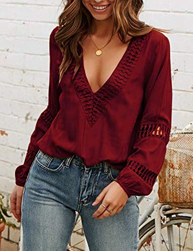 Viracy Plus Size Tops For Women, Fall Blouses Female Miss Notch Neck Lace Blouse Flowy Lantern Sleeve Shirts Work Holiday Casual Going Out Tunic Modern Stylish Boutique Street Wear Wine L #TOP2