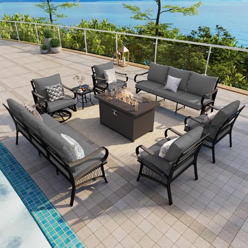 Image of 8-Piece Outdoor Furniture Set, Metal Swivel Rocking Chairs with All-Weather Cushions, Patio Conversation Set with Fire Pit Table for Deck, Porch, Garden, Backyard, Poolside (Gray Cushions)