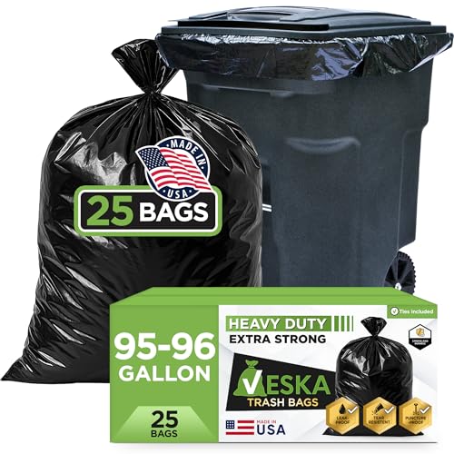 Veska 95-96 Gallon Trash Bags Heavy Duty, (ValuePack 25 Bags w/Ties) 100 Gallon Extra Large Trash Bags, 90 Gallon, 95 Gallon, 96 Gallon Heavy Duty Big Garbage Bags