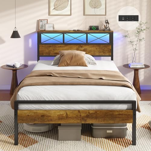 DICTAC Gästebett 90x200 cm mit USB-C & USB-Ladestation + 2 Steckdosen – Platzsparendes Metallbettgestell mit LED-Beleuchtung & Metall-Lattenrost – Einzelbett für Gästezimmer