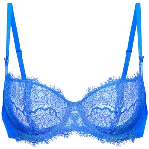 Image of DOBREVA Women's Balconette Sexy Unlined Bra Lace Push Up Plus Size Bras See Through Underwire