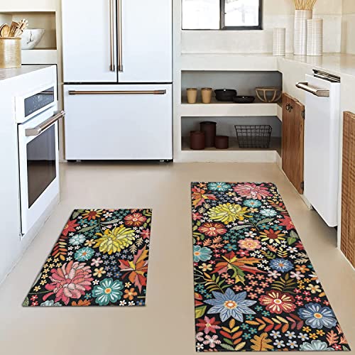 Ideasonna Boho Floral Kitchen Rug Mat Set Of 2 Spring Colorful Flowers Kitchen Rugs Washable Non Slip Summer Kitchen Floor Mats #TOP1