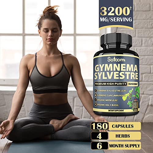 Gymnema Sylvestre Supplement 3200Mg - 6 Month Supply - Blended With Turmeric Curcumin & Neem Leaf, Holy Basil - Gurmar Capsules For Diabetes- 1 Pack 180 Vegan Capsules Extract #TOP2