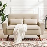Pingliang Home Loveseat Sofa Couch with Two Throw Pillows, Mid Century Modern 2 Seat Love Seat Couches for Living Room, Linen Fabric, 48' (Beige)