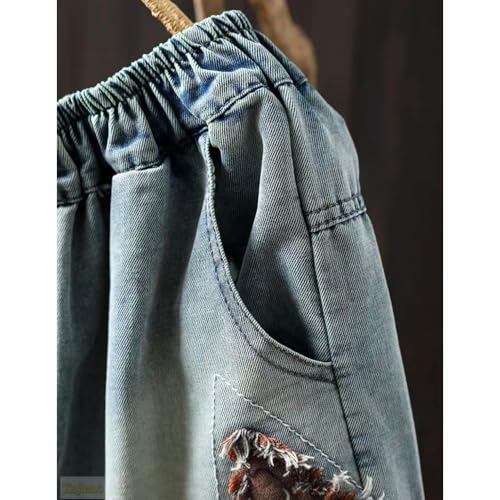 Vintage Color Blocked Five Pointed Star Patch Embroidered Blue Five Pointed Pants Summer Stretch Waist Jeans3