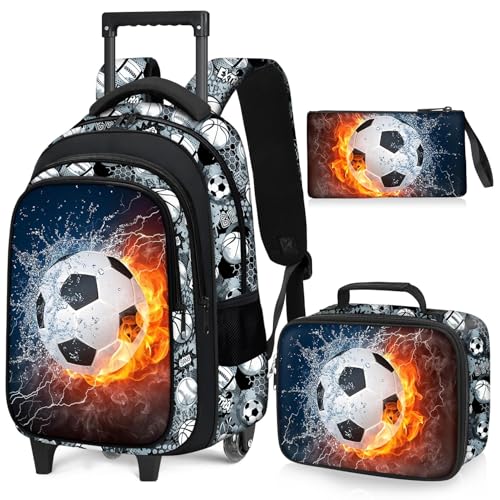 Soccer Rolling Backpack for Boys - 3PCS Boys Rolling Backpack with Lunch Box Set for Kids Children Teens Elementary Middle School,Sport Roller Bookbag with Wheels for Age 6-18