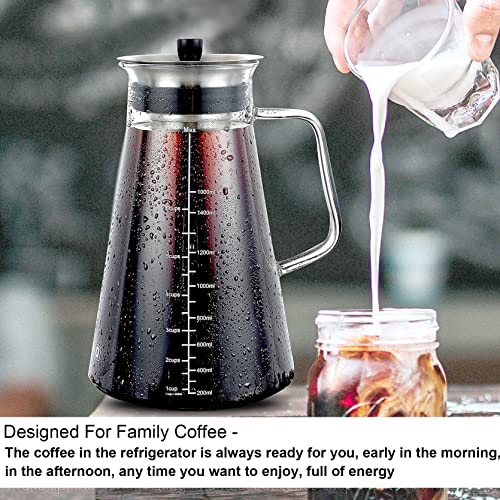 Aquach Airtight Cold Brew Iced Coffee Maker 34oz/1L, BPA-Free, Thick Borosilicate Glass Carafe with Double Fine Mesh Removable Filter, Dishwasher Safe, Rustproof, 5 Cups Capacity