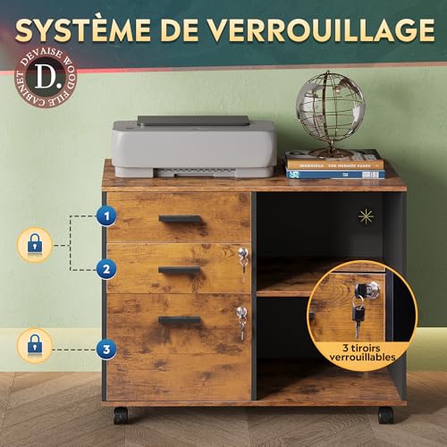 Caisson Bureau Roulant 3 Tiroirs Verrouillables DEVAISE