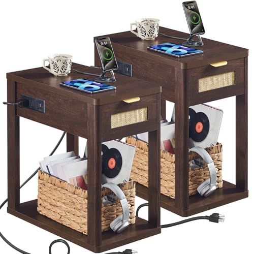 LEYAOYAO Narrow Side Table Set of 2, 24'' Night Stand with Charging Station, Rattan Nightstand with Drawer Storage, Bedside End Table with Small Spaces, Wood Boho Nightstand for Living Room