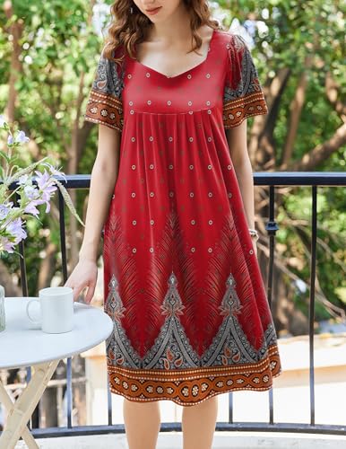 Image of Ekouaer Women's House Dress - Pleated Nightgown with Short Sleeves & Pockets