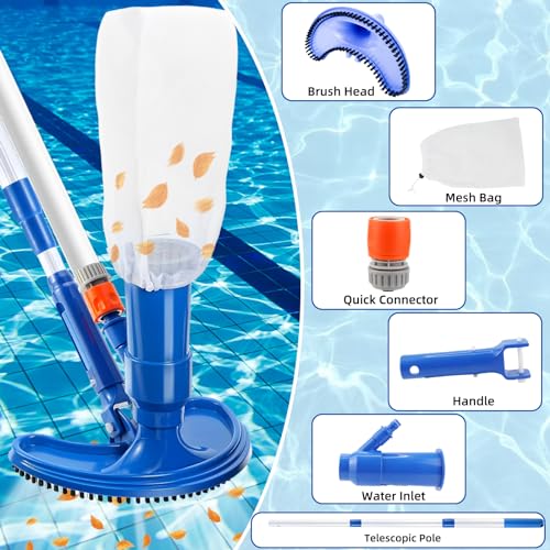 Pool Bodensauger Set, Tragbarer Jet Vacuum Head Pool Staubsauger mit Teleskopstange und Saugbürste Auffangsack, Pool Reinigungsset mit Scheuerbürste und Skimmernetz für Blätter Schmutz Sand Schlamm