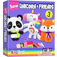KRAFUN Unicorn Sewing Kit for Kids Ages 7-13, Beginner Craft Set with 3 Stuffed Dolls (Panda, Fox, Unicorn), Plush Felt, Embroidery Supplies, Instructions, Pre-Punched Fabric