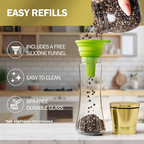 Image of Home EC Original Gold Salt and Pepper Grinder Set of 2 - Adjustable Ceramic Grinder - Tall Glass Salt and Pepper Shakers With Funnel and Ebook - Kitchen Spice Mill - Gold Kitchen Accessories