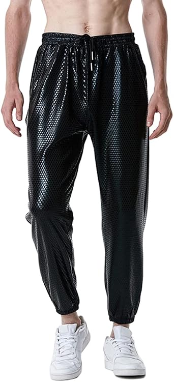 NewL Mens Shiny Silver Metallic Jogger Sweatpants Hip Hop Trousers Night Club Party Festival Prom Streetwear