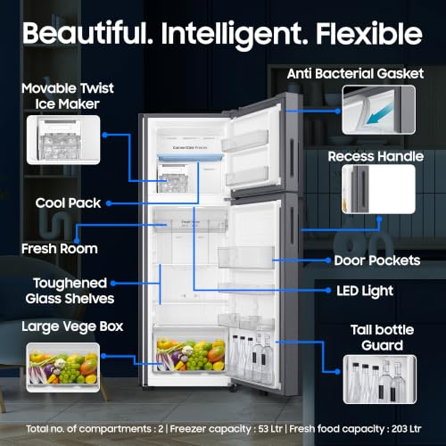 Image of Samsung 256 L, 3 Star, Bespoke AI, Convertible, Digital Inverter Frost Free Double Door Refrigerator (RT80H30U3THL, Silver, Refined Inox, 2026 Model)