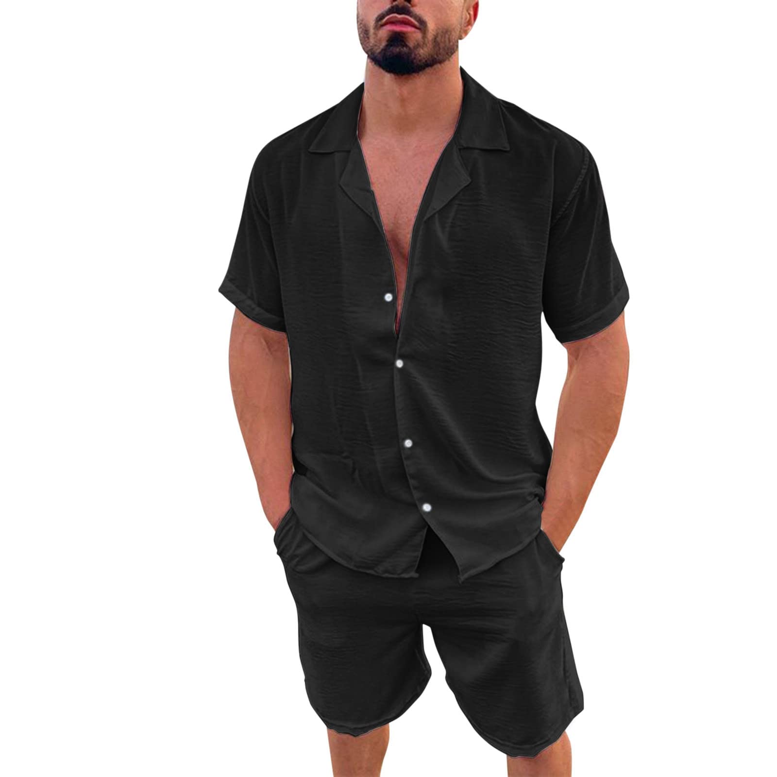 Dinnesis Hombres Primavera Verano 2 Piezas Playa Manga Corta Camisas de Lino y Pantalones Cortos Conjuntos de Pantalones con Bolsillos París Sudadera